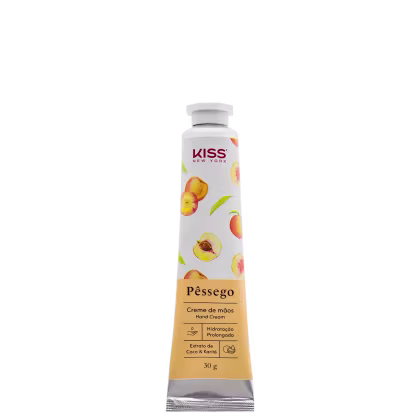 Frasco de creme de mãos da marca Kiss New York, com embalagem branca e detalhes em amarelo, contendo informações sobre o produto "Péssego" e sua composição.