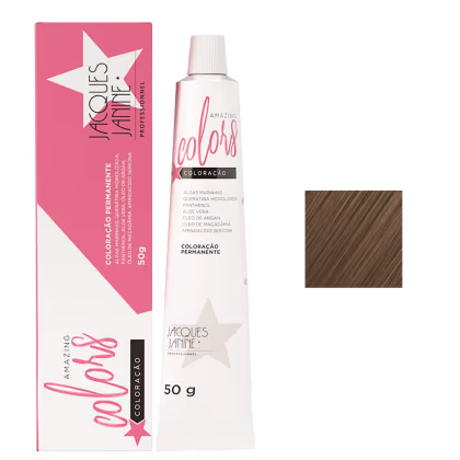 Caixa rosa e tubo branco de coloração permanente para cabelos da marca Jacques Janine, com informações sobre os ingredientes e o tamanho do produto de 50g.