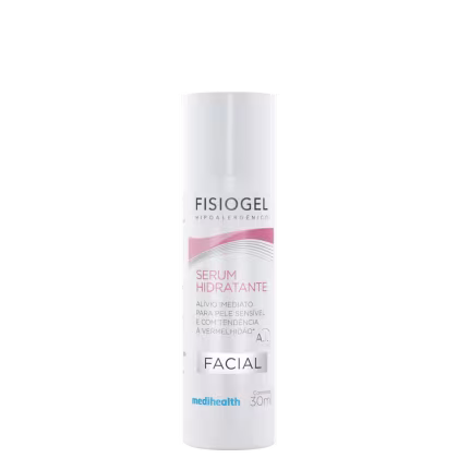 Frasco branco cilíndrico com rótulo rosa e branco contendo "FISIOGEL Serum Hidratante Facial" com 30ml de conteúdo.