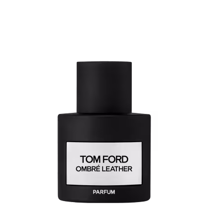 Frasco de perfume preto fosco da marca Tom Ford, com rótulo branco destacando o nome "Ombre Leather" e a palavra "Parfum". O design é minimalista e elegante, com uma tampa preta cilíndrica.