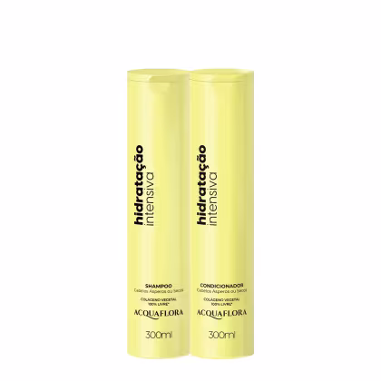 Dois frascos amarelos de 300ml da linha Acquaflora Hidratação Intensiva, contendo shampoo e condicionador para cabelos ásperos ou secos, com rótulos em preto destacando o colágeno vegetal 100% livre.
