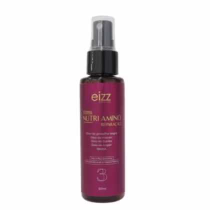 Frasco de spray da linha Nutri Amino Reparação da marca Eizz, com embalagem em tom de rosa e texto dourado. O produto é destinado ao tratamento capilar.