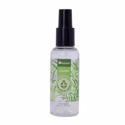 O produto é um spray para uso doméstico da marca Kailash, com 120 mL de volume. A embalagem é um frasco transparente com um rótulo verde e branco, exibindo o nome "Alecrim" e o logotipo da marca.