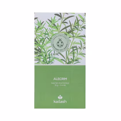 Sachê aromático Alecrim da marca Kailash, em embalagem verde com ilustrações de folhas verdes, contendo 10 g do produto.