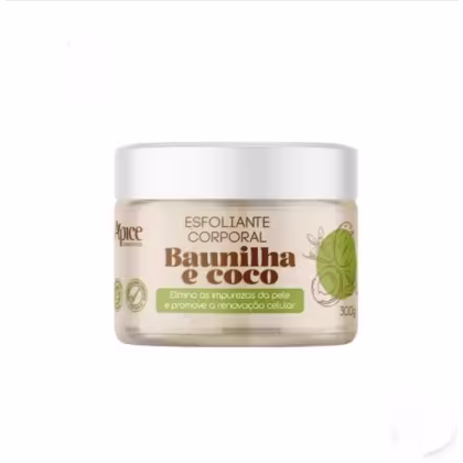 Esfoliante corporal da marca Apice Cosméticos, com o nome "Baunilha e Coco".