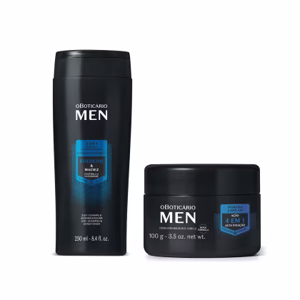 Um dos produtos é um shampoo e condicionador 2 em 1 em um frasco preto de 250ml. O outro produto é uma pomada capilar em um pote preto de 100g, com a descrição "Ação 4 em 1 Alta Fixação".