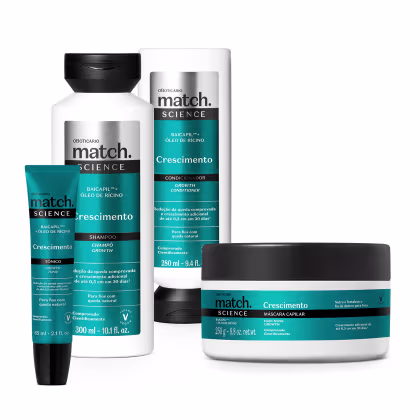 A imagem mostra uma linha de produtos para crescimento capilar da marca Match Science. Inclui um shampoo, um condicionador, uma máscara capilar e um tônico capilar. As embalagens apresentam o nome "Match Science Crescimento" e cor azul, preta e branca.