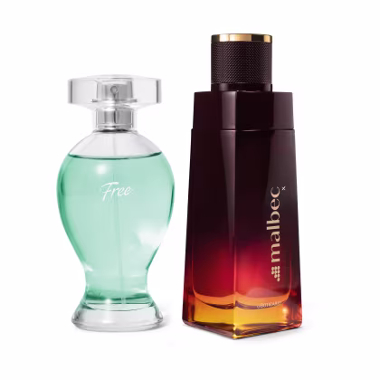 Dois produtos de perfumaria. Um é um frasco de perfume transparente com um líquido verde claro e o rótulo "Free". O outro é um frasco marrom escuro com um líquido que varia do vermelho ao laranja, com o rótulo "malbec" e detalhes dourados na tampa.