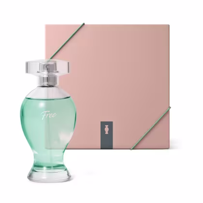 Perfume em frasco de vidro transparente com líquido verde. Frasco com tampa plástica transparente. Caixa retangular na cor rosa claro com detalhes geométricos em verde . O conjunto tem um design minimalista e clean, com cores suaves de rosa e verde.