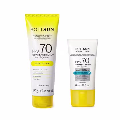 Um protetor solar corporal FPS 70 textura gel creme, embalagem amarela 120g. Um protetor solar facial FPS 70 textura fluida aquosa antissinais, embalagem branca e amarela 40ml. Ambos possuem resistência à água, rápida absorção, antipoluição e toque seco.