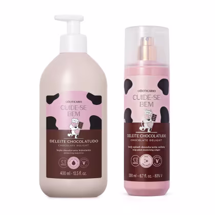 A imagem traz dois produtos do Boticário. loção desodorante hidratante corporal Cuide-se Bem Deleite Chocolatudo de 400ml e body splash desodorante colônia de 200ml.