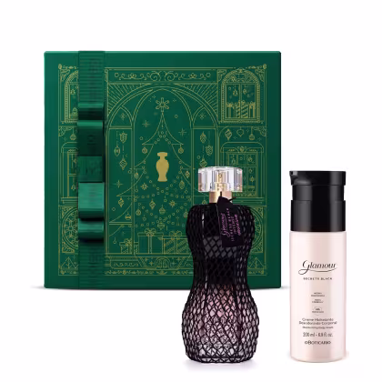 A imagem mostra produtos do Boticário: desodorante colônia Glamour Secrets Black Intense de 75ml, creme hidratante desodorante corporal Glamour Secrets Black de 200ml e caixa de presente.