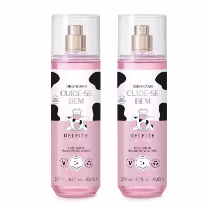 Dois frascos de corpo desodorante colônia da marca Cuide-se Bem, com embalagem em tons de rosa e branco, contendo informações sobre a fórmula vegana e reciclável.