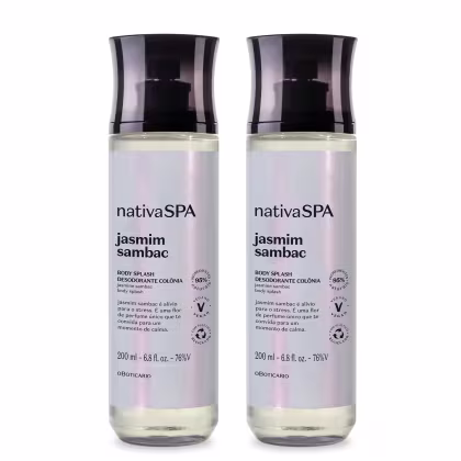 Dois frascos de 200 ml da linha Nativa SPA, com design preto e branco, contendo o produto "Jasmim Sambac" - um splash corporal desodorante de colônia com aroma de jasmim.
