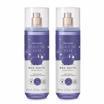 Dois frascos de spray de corpo da linha Cuide-se Bem da marca O Boticário, com rótulos em tons de roxo e branco, apresentando a descrição "Boa Noite - Good Night" e informações sobre o produto.
