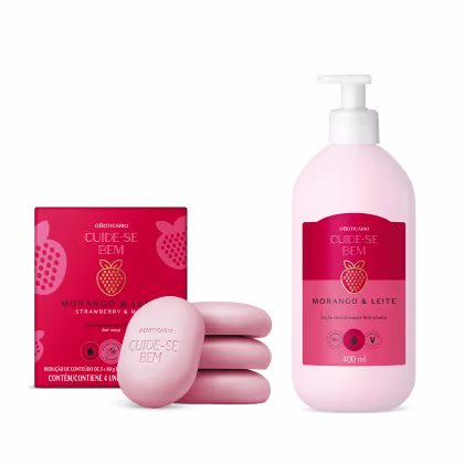 Imagem do produto Combo Cuide-se Bem Morango e Leite: Loção Corporal 400ml +  Sabonetes em Barra 4x80g