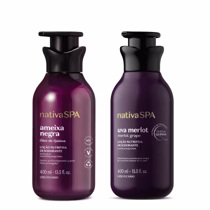 Dois frascos de loção corporal Nativa SPA, um com rótulo "ameixa negra" e outro com "uva merlot", ambos com embalagem roxa escura e detalhes dourados, contendo 400 ml de produto.