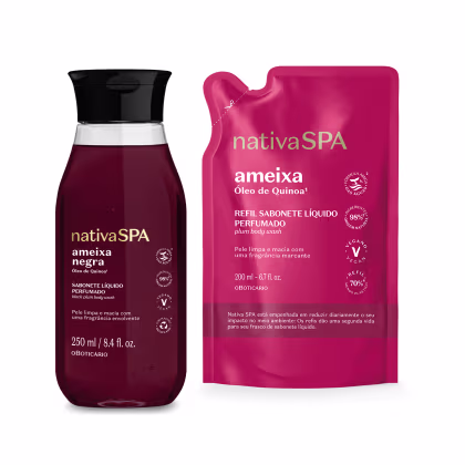 Imagem de duas embalagens contendo sabonete líquido da marca Nativa SPA: um frasco transparente com conteúdo roxo e tampa preta da linha Ameixa Negra e um sachê rosa vibrante da linha Ameixa.