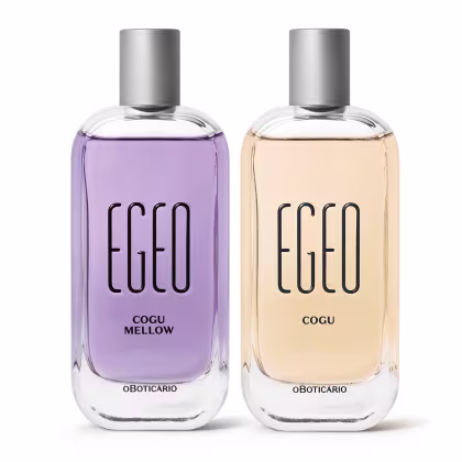 Dois frascos de perfume da marca Egeo, um na cor lilás e outro na cor bege, com rótulos em preto exibindo o nome da marca e a fragrância "Cogu Mellow" e "Cogu".