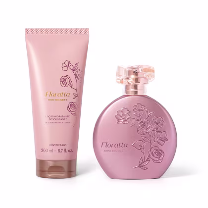Conjunto de produtos Floratta Rose Bouquet, incluindo um frasco de perfume rosa com detalhes florais e uma embalagem de loção hidratante corporal rosa com rótulo e detalhes decorativos.