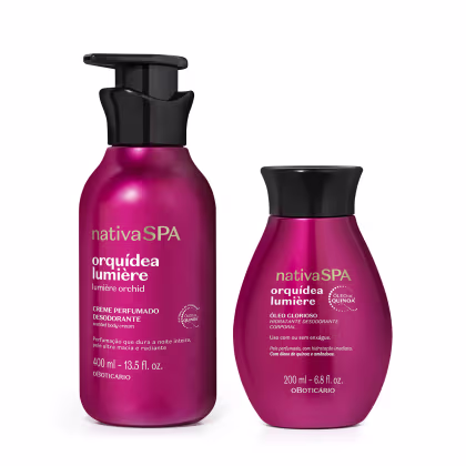 Dois produtos da linha Nativa SPA: um creme perfumado desodorante de 400 ml e um óleo glorioso hidratante desodorante de 200 ml, ambos com embalagem rosa e preta e rótulos destacando a fragrância de orquídea lumière.