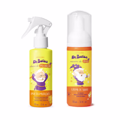 Dois produtos da marca Dr. Botica: um spray desembaraçante amarelo e uma espuma de banho laranja, ambos com ilustrações e textos em suas embalagens.