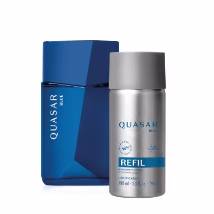Frasco de desodorante colônia Quasar Blue, com embalagem azul e prata. O produto é um refil de 100 ml, com a mesma fragrância da linha Quasar.