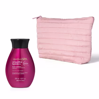 Frasco de óleo corporal hidratante Nativa SPA Orquídea Lumière de 200 ml em embalagem rosa com textura acolchoada e zíper.