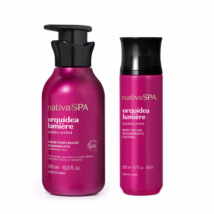 Dois produtos da linha Nativa SPA: um creme perfumado desodorante de 400 ml em embalagem rosa e preta, e um body splash desodorante de 200 ml também em embalagem rosa e preta, ambos com o rótulo "Orquídea Lumière".