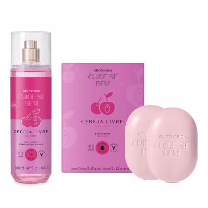 Conjunto de produtos Cuide-se Bem da marca O Boticário, incluindo um frasco de colônia corporal com aroma de cereja e duas barras de sabonete em embalagem rosa.