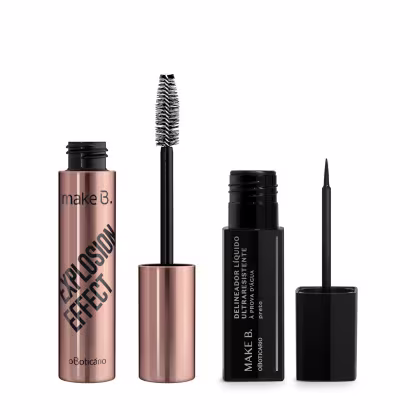 O produto de beleza da marca Make B. inclui um frasco rosa com o texto "Explosion Effect", um rímel preto com escova, e um produto preto com rótulo "Make B. Deliner Liquid Eyeliner Preto".