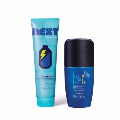Imagem de dois produtos da linha Next, sendo um Shampoo 2 em 1 em bisnaga azul com raio amarelo ilustrando e rótulo também em letras azuis e Desodorante Roll-On, em embalagem azul com tampa preta e rótulo em letras amarelas e azuis.