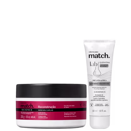 O produto de beleza exibido na imagem consiste em dois itens da marca Match: uma máscara capilar de reconstrução em embalagem preta e vermelha, e um tratamento de queratina em tubo branco.