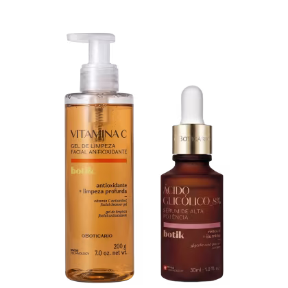 O produto Botik apresenta um gel de limpeza facial antioxidante Vitaminac em frasco com bomba doseadora e um sérum de alta potência com ácido glicólico em frasco conta-gotas, ambos com embalagens em tons de laranja e marrom.