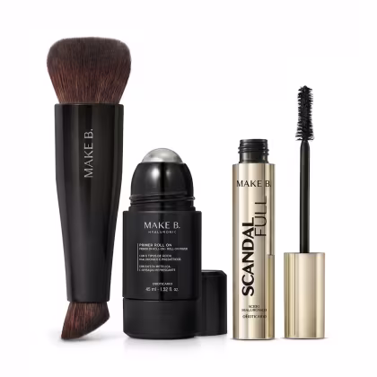 Imagem do produto Combo Make B.: Pincel Multifuncional Make B. Duo Coverage + Primer Roll-On Make B. Hyaluronic 45ml + Máscara de Cílios Make B. Scandal Full 10g