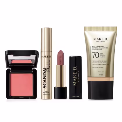 Imagem do produto Combo Make B.: Blush Em Pó Compacto Rubor + Máscara de Cílios Scandal + Batom Cremoso Rosa Rose + Base Líquida FPS 70 130Q