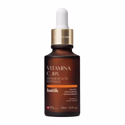 Frasco de vidro marrom com conta-gotas dourado contendo Vitamina C 10%, um sérum de alta potência da marca Botik, com promessas de escudo antioxidante e luminosidade.