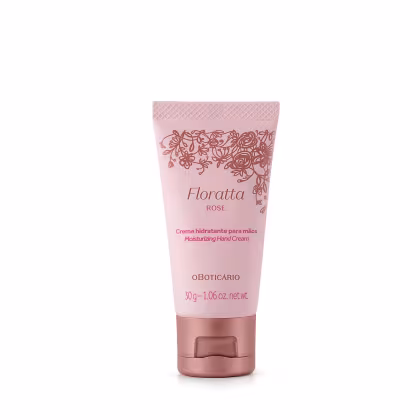 Creme hidratante para as mãos da linha Floratta Rose. Embalagem plástica tubular na cor rosa claro. Detalhes florais estampados em tom rosado na parte superior da embalagem.  Parte inferior da embalagem na cor ouro rosé.