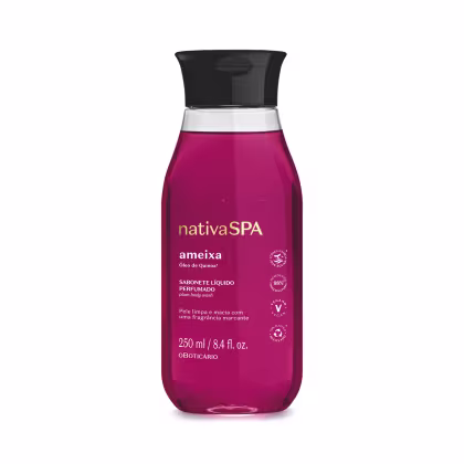 Embalagem plástica transparente de 250ml, com tampa preta. Líquido de cor rosa intenso visível através do frasco. Rótulo com o nome do produto "ameixa - Óleo de Quinoa" e a marca Nativa SPA em letras douradas.