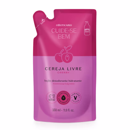 Refil da Loção hidratante desodorante corporal Cuide-se Bem Cereja Livre em embalagem plástica flexível de 350ml, na cor rosa e roxa.