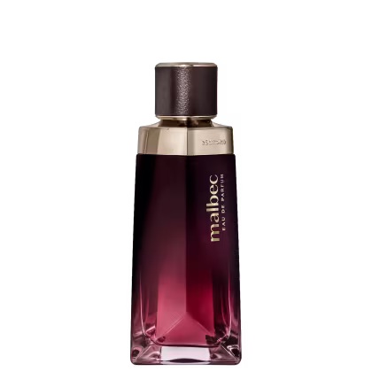 Frasco de perfume Malbec com design elegante em tons de vermelho e dourado, contendo líquido de cor rosada. O rótulo exibe o nome da marca em destaque.
