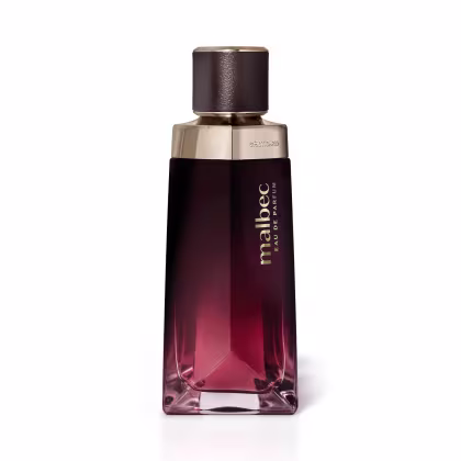 Frasco de item de perfumaria da marca Malbec, com formato retangular, em tons de marrom e vermelho, com rótulo dourado destacando o nome da marca.