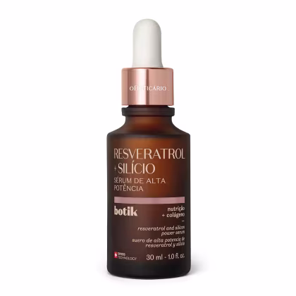Produto em frasco âmbar de 30ml. Embalagem com tampa rosé gold de conta gotas e rótulo marrom. Rótulo exibe o nome "Resveratrol + Silício Sérum de Alta Potência" em letras brancas.