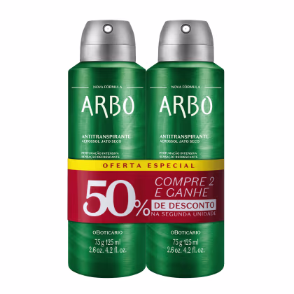 O produto apresentado na imagem são dois desodorantes aerossol da marca Arbo.  Os frascos têm formato cilíndrico e apresentam uma oferta especial, com a compra de 2 unidades e 50% de desconto na segunda unidade.