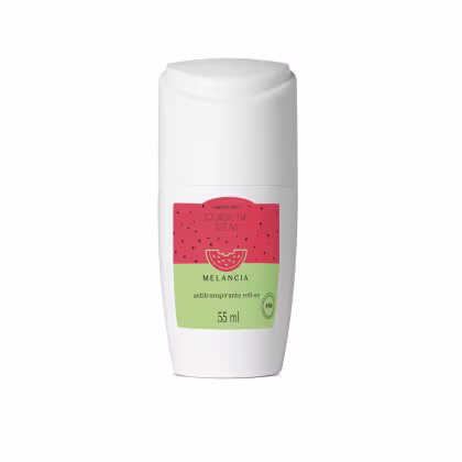 Antitranspirante roll-on de melancia da marca Cuide-se Bem. Embalagem plástica branca opaca de formato cilíndrico com tampa. Rótulo frontal vermelho e verde com ilustração de fatia de melancia e texto "Melancia antitranspirante roll-on" e "55 ml".