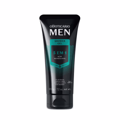 Na imagem um gel de banho "Shower Gel Men 5 em 1" com ação refrescante. O frasco preto tem detalhes em verde e destaca que o produto é vegano. Além disso, informa que serve para cabelo e corpo, com peso líquido de 205g.