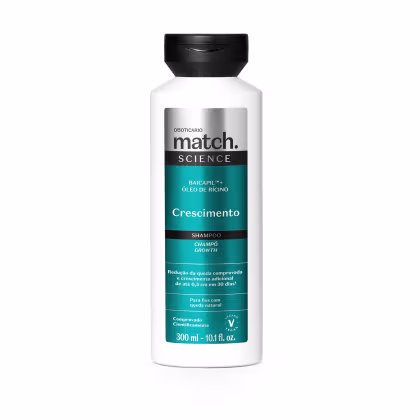 Shampoo para crescimento capilar da linha Match Science. Embalagem plástica branca de 300ml. Cores predominantes são branco, preto, azul e prata. Texto indica que promove redução da queda de cabelo e crescimento adicional de até 0,5 cm em 30 dias.