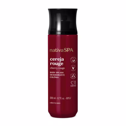 Desodorante corporal líquido Cereja Rouge da marca Nativa SPA. Frasco plástico vermelho escuro com tampa preta. Informações como volume de 200 ml.