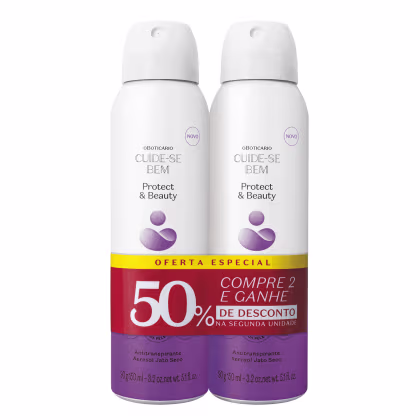 Dois desodorantes antitranspirantes aerossol jato seco da marca "Cuide-se Bem" da linha Protect & Beauty. Embalagens cilíndricas brancas com detalhes em roxo e vermelho. Rótulos indicam "Oferta Especial Compre 2 e ganhe 50% de desconto na segunda unidade"