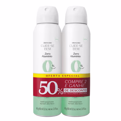Dois desodorantes antitranspirantes aerossol, da linha "Cuide-se Bem Zero Alumínio". São frascos cilíndricos brancos de plástico com tampas também brancas. Há uma faixa vermelha na parte inferior anunciando uma "Oferta Especial - Compre 2 e ganhe 50%